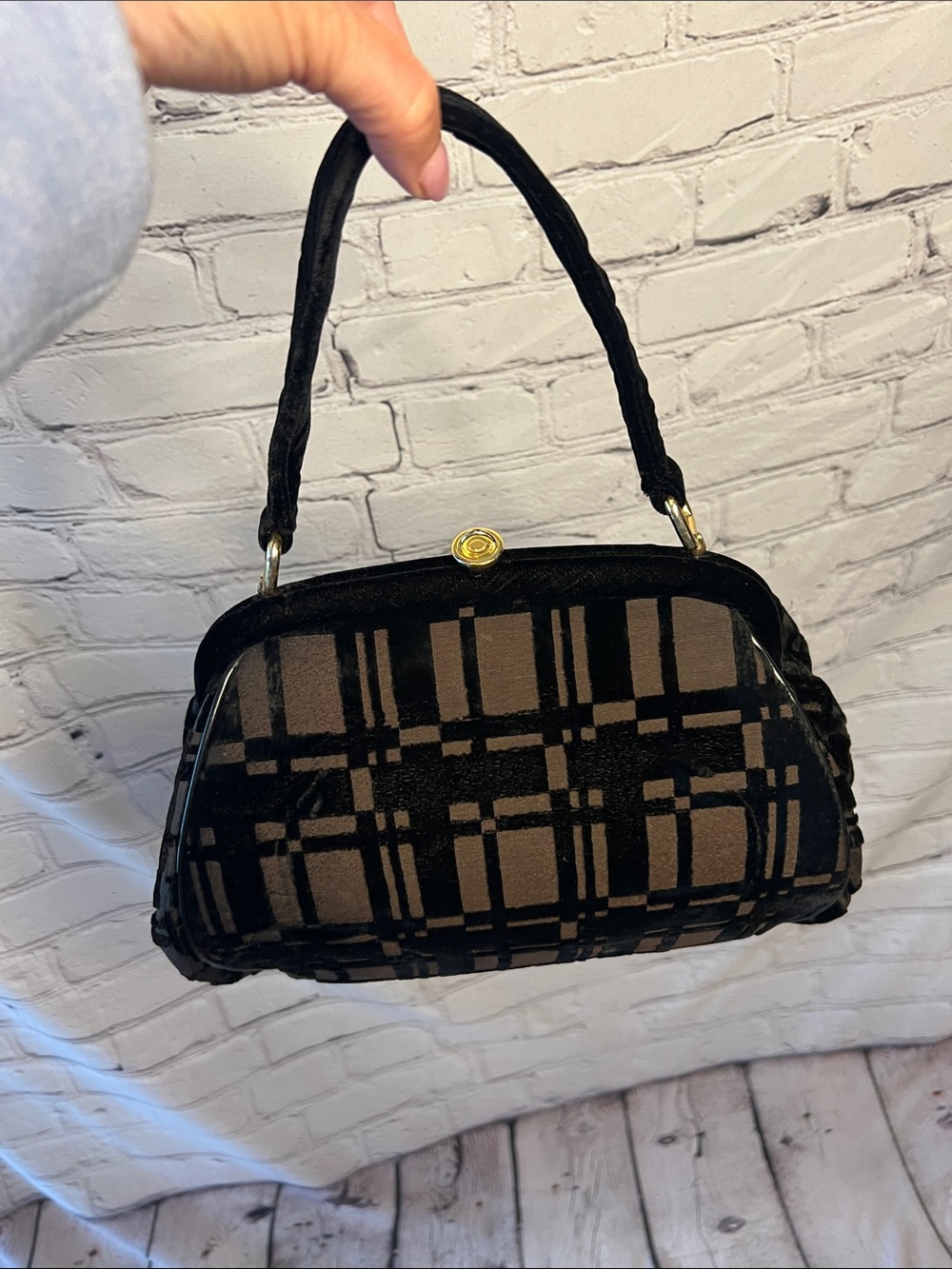 Vintage Kadin USA Black Velvet Plaid Frame Handbag Gold Hardware Purse